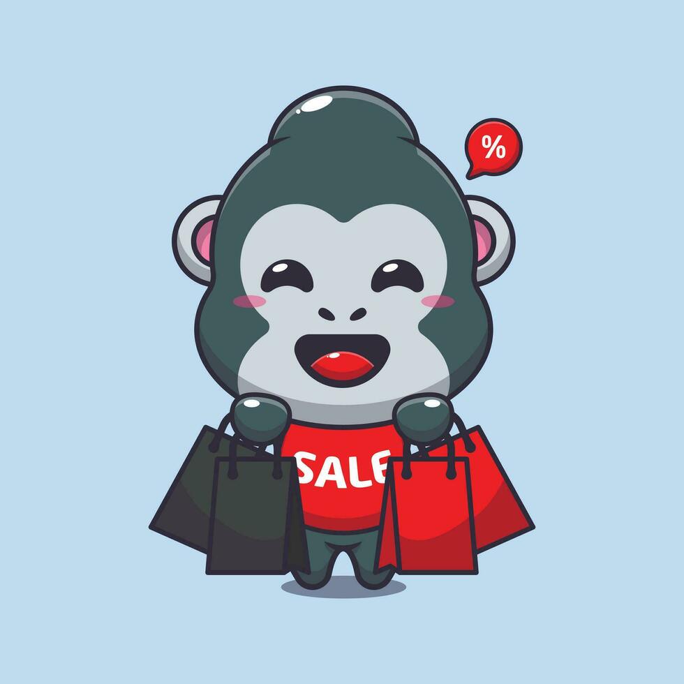 cute gorilla with shopping bag in black friday sale cartoon vector illustration