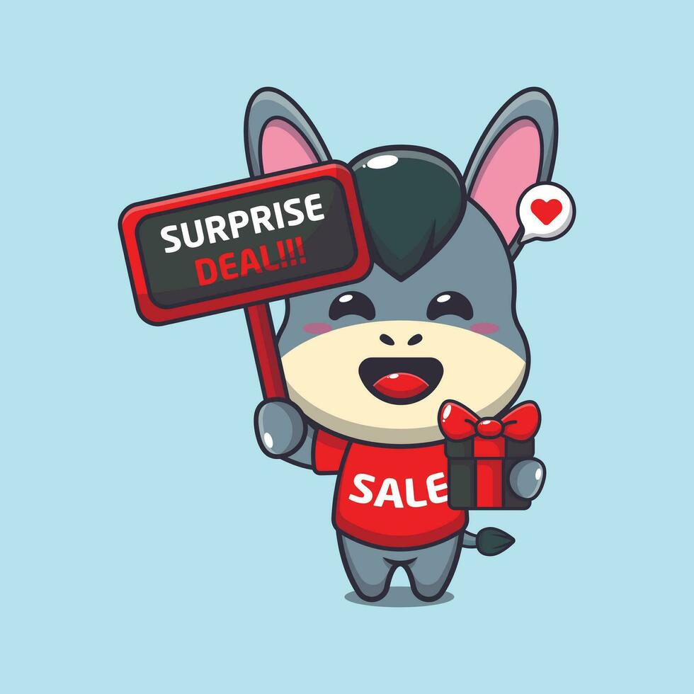 cute donkey with promotion sign and gift box in black friday sale cartoon vector illustration