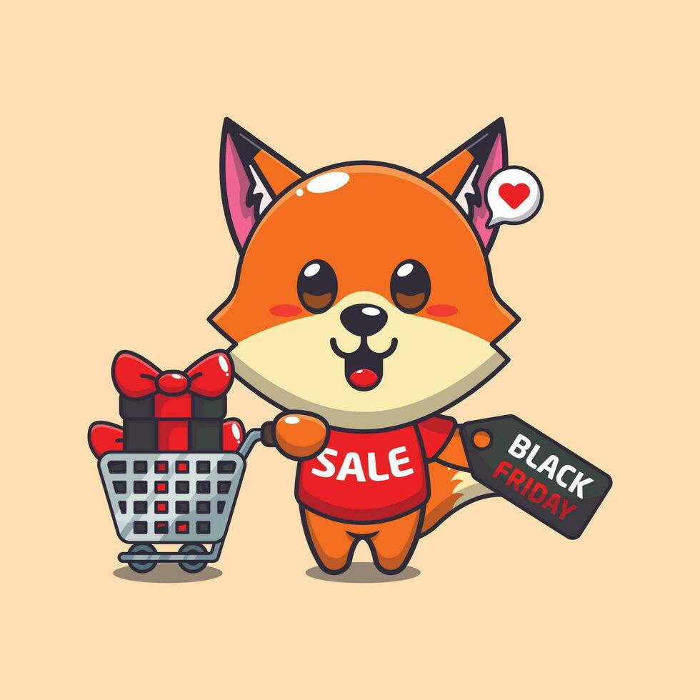 cute fox with shopping cart and discount coupon black friday sale cartoon vector illustration