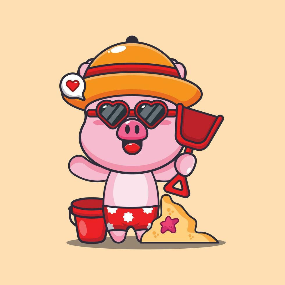 Cute pig in sunglasses play sand beach cartoon illustration. Cute summer cartoon illustration. vector