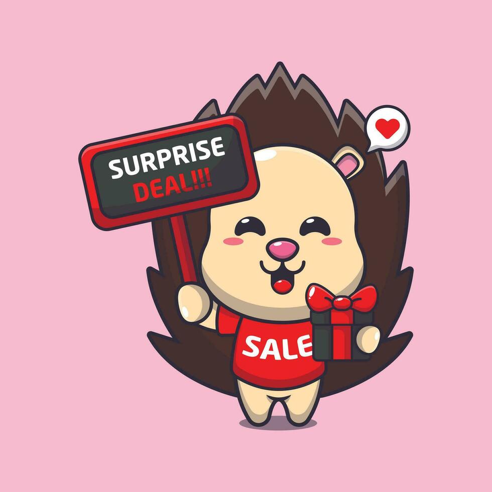 cute hedgehog with promotion sign and gift box in black friday sale cartoon vector illustration