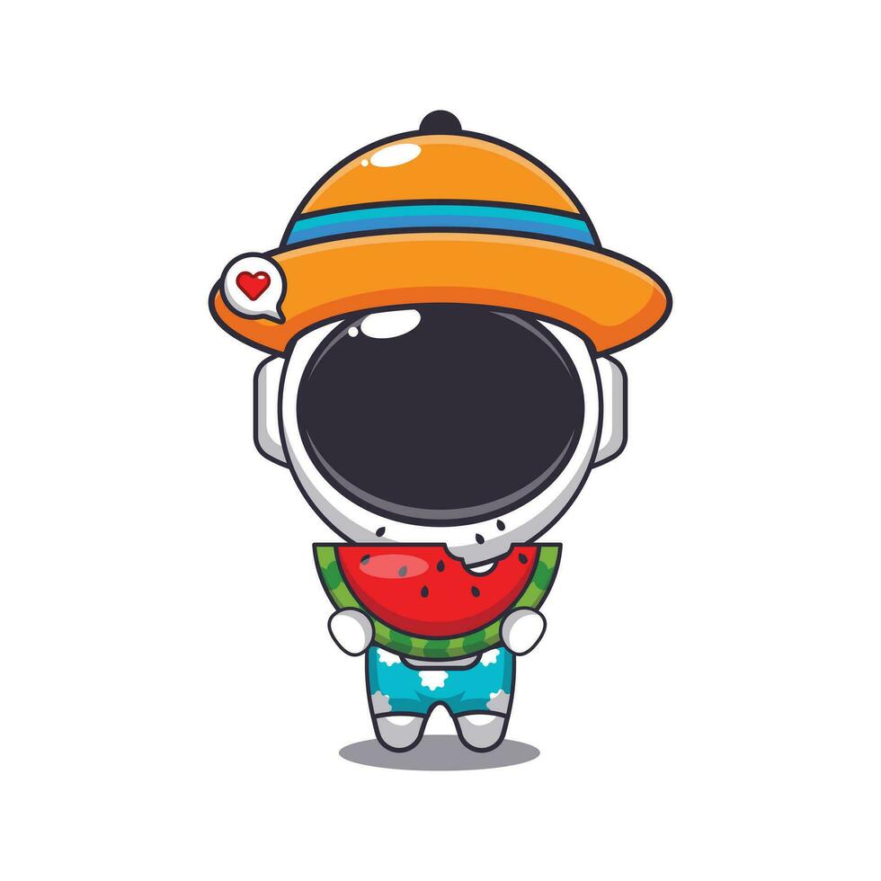 Cute astronaut eating fresh watermelon cartoon illustration. Cute summer cartoon illustration. vector