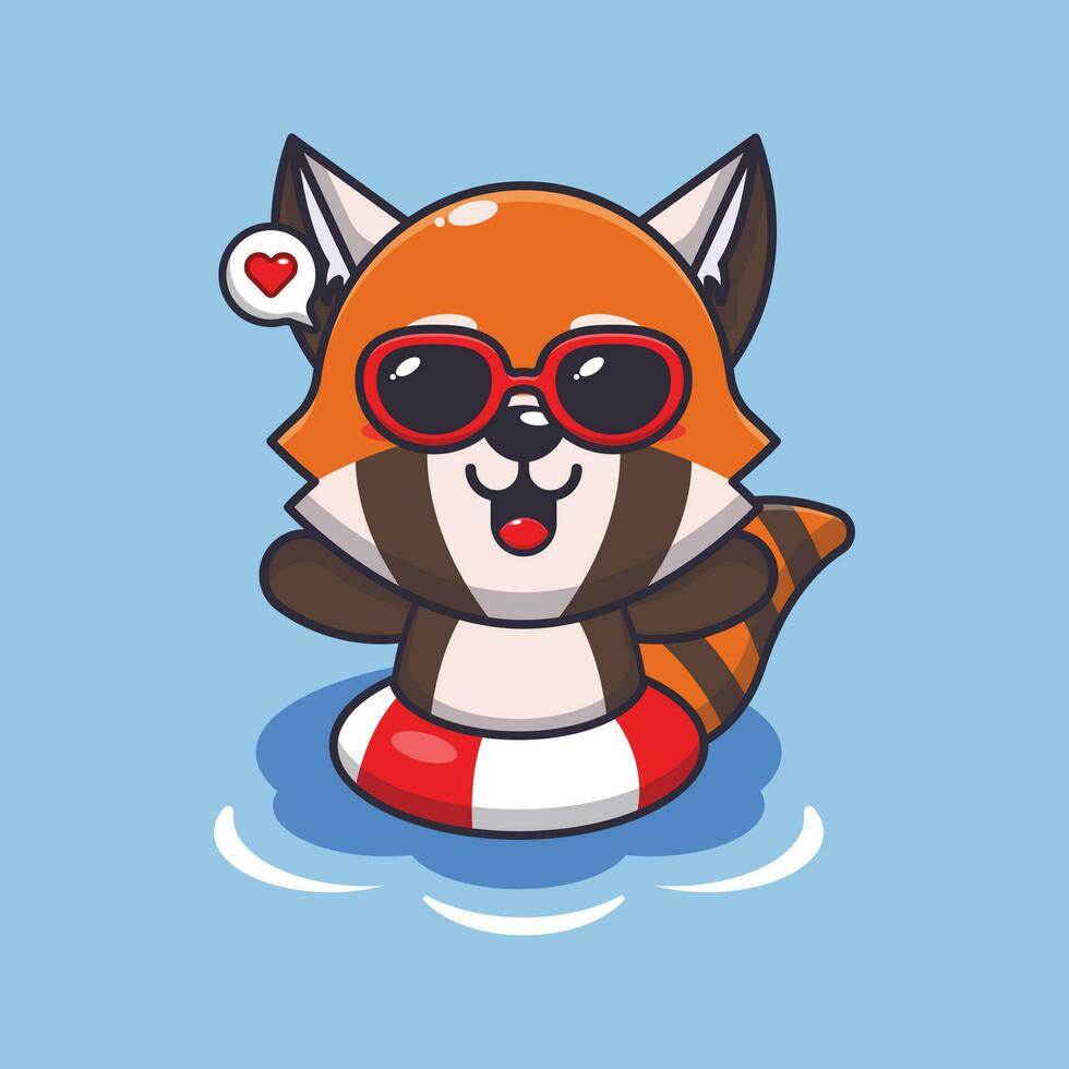 Cute red panda in sunglasses swimming on beach. Cute summer cartoon illustration. vector