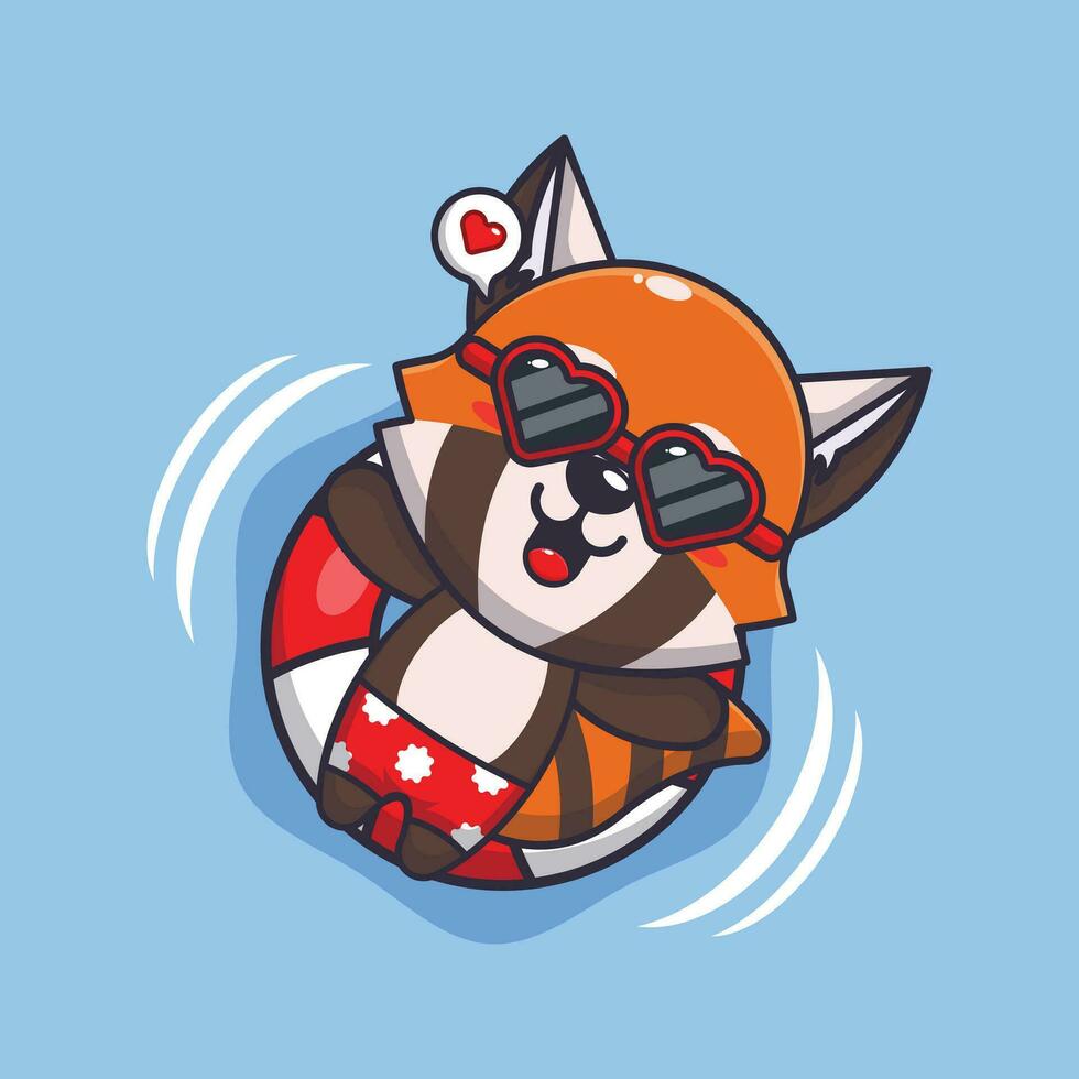 Cute red panda in sunglasses float with buoy. Cute summer cartoon illustration. vector