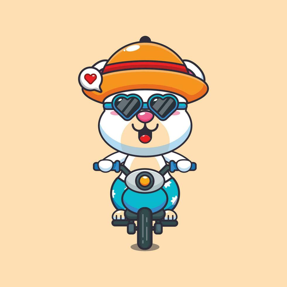 frio polar oso con Gafas de sol montando un motocicleta en verano día. linda verano dibujos animados ilustración. vector