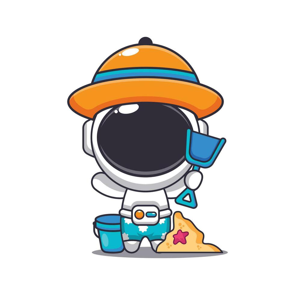 Cute astronaut in sunglasses play sand beach cartoon illustration. Cute summer cartoon illustration. vector