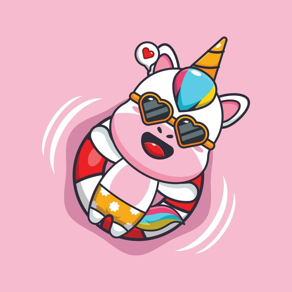 linda unicornio en Gafas de sol flotador con boya. linda verano dibujos animados ilustración. vector