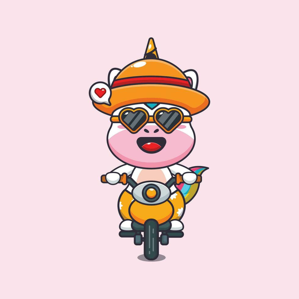 Cool unicorn with sunglasses riding a motorcycle in summer day. Cute summer cartoon illustration. vector