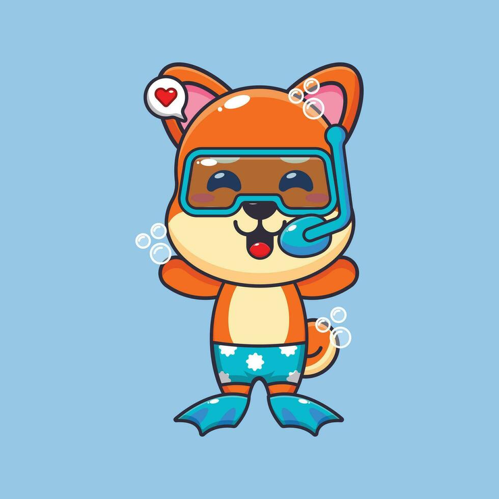 linda shiba inu buceo dibujos animados mascota personaje ilustración. linda verano dibujos animados ilustración. vector