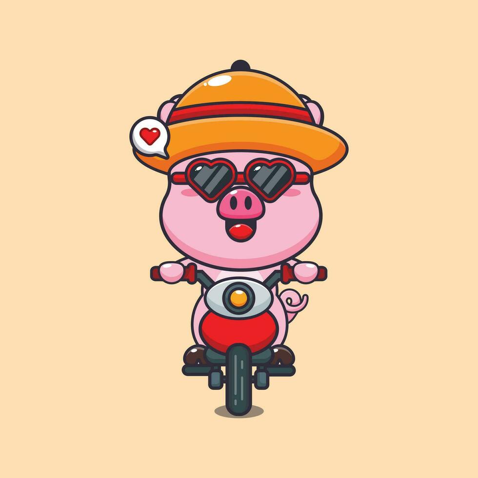 Cool pig with sunglasses riding a motorcycle in summer day. Cute summer cartoon illustration. vector