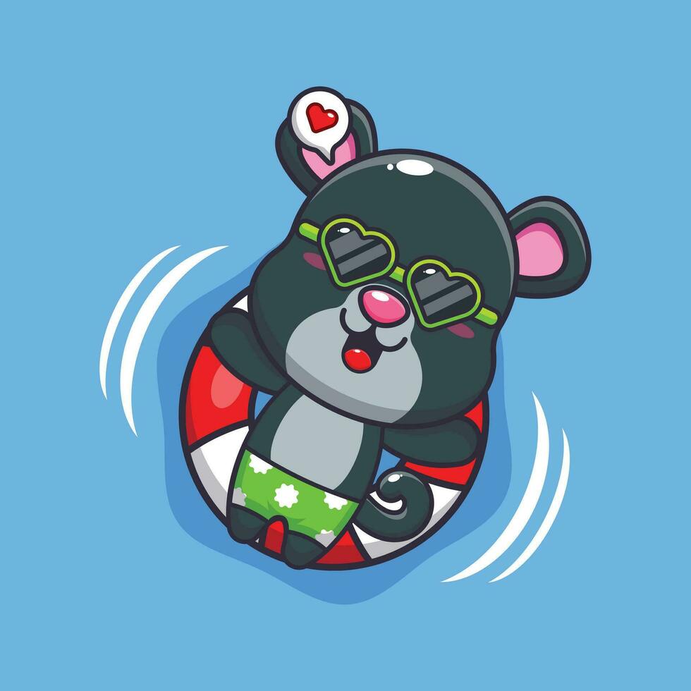 Cute panther in sunglasses float with buoy. Cute summer cartoon illustration. vector