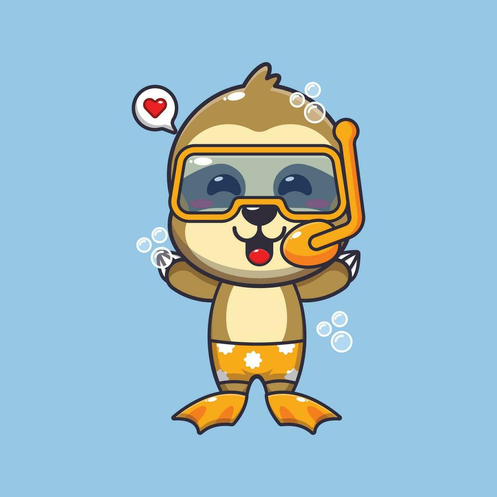 Cute sloth diving cartoon mascot character illustration. Cute summer cartoon illustration. vector
