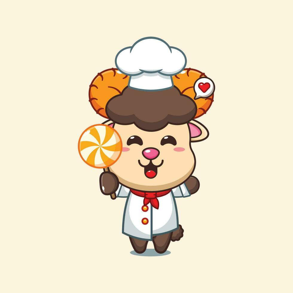 Chef ram sheep cartoon vector holding candy.