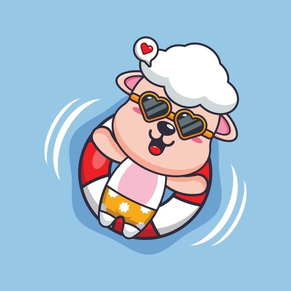 Cute sheep in sunglasses float with buoy. Cute summer cartoon illustration. vector