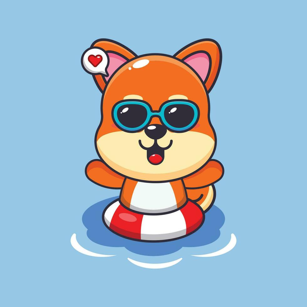 Cute shiba inu in sunglasses swimming on beach. Cute summer cartoon illustration. vector