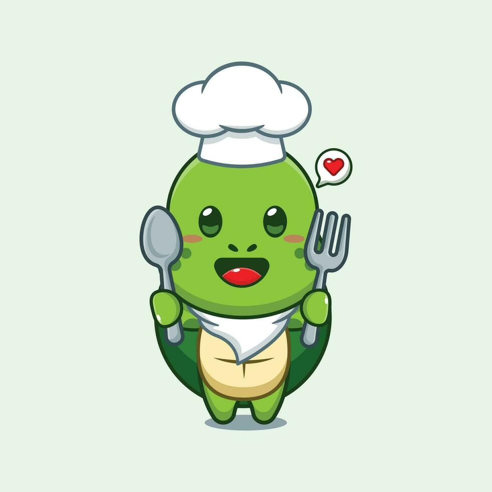 Chef turtle cartoon vector holding spoon and fork.