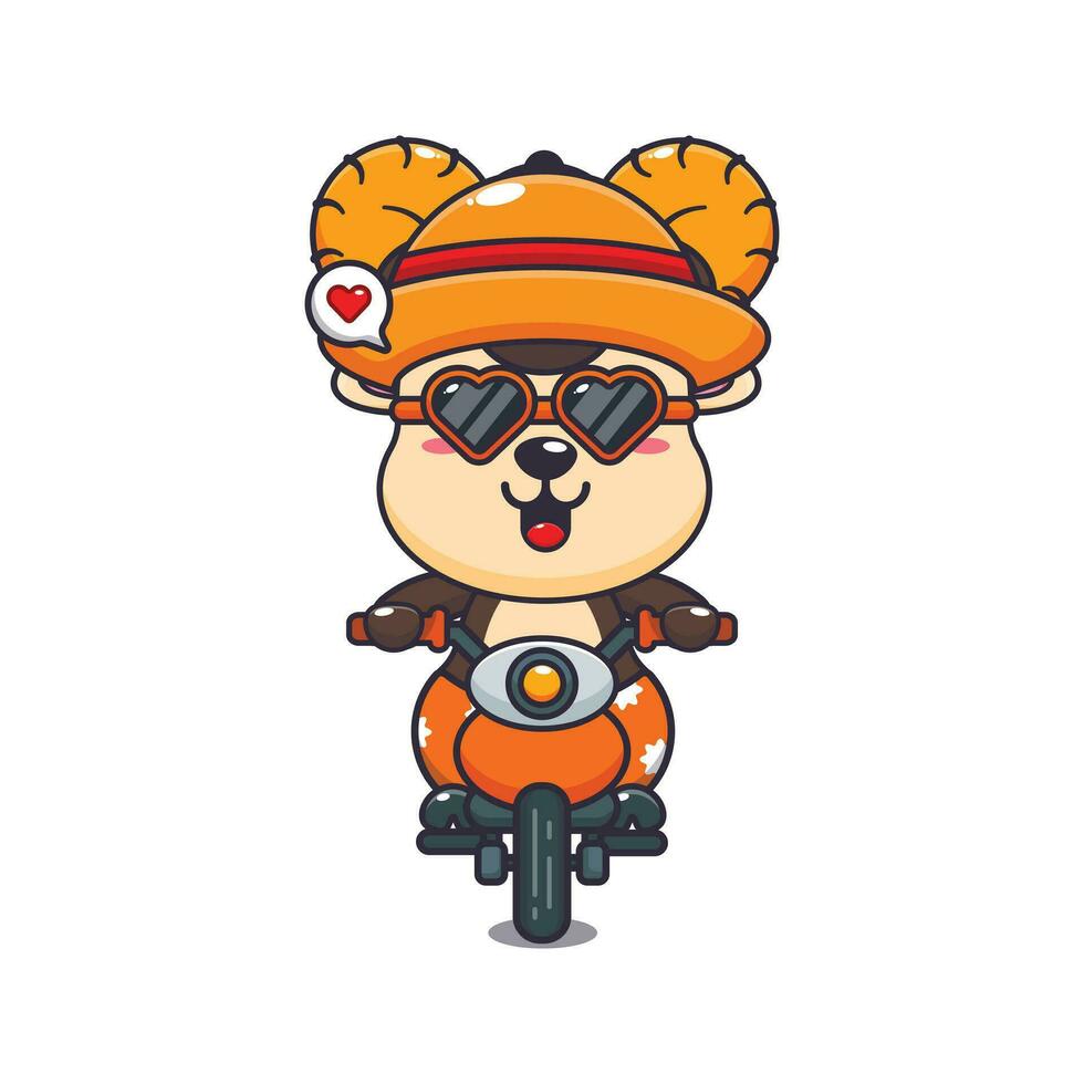 Cool ram sheep with sunglasses riding a motorcycle in summer day. Cute summer cartoon illustration. vector