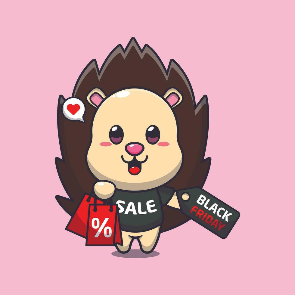 cute hedgehog with shopping bag and black friday sale discount cartoon vector illustration