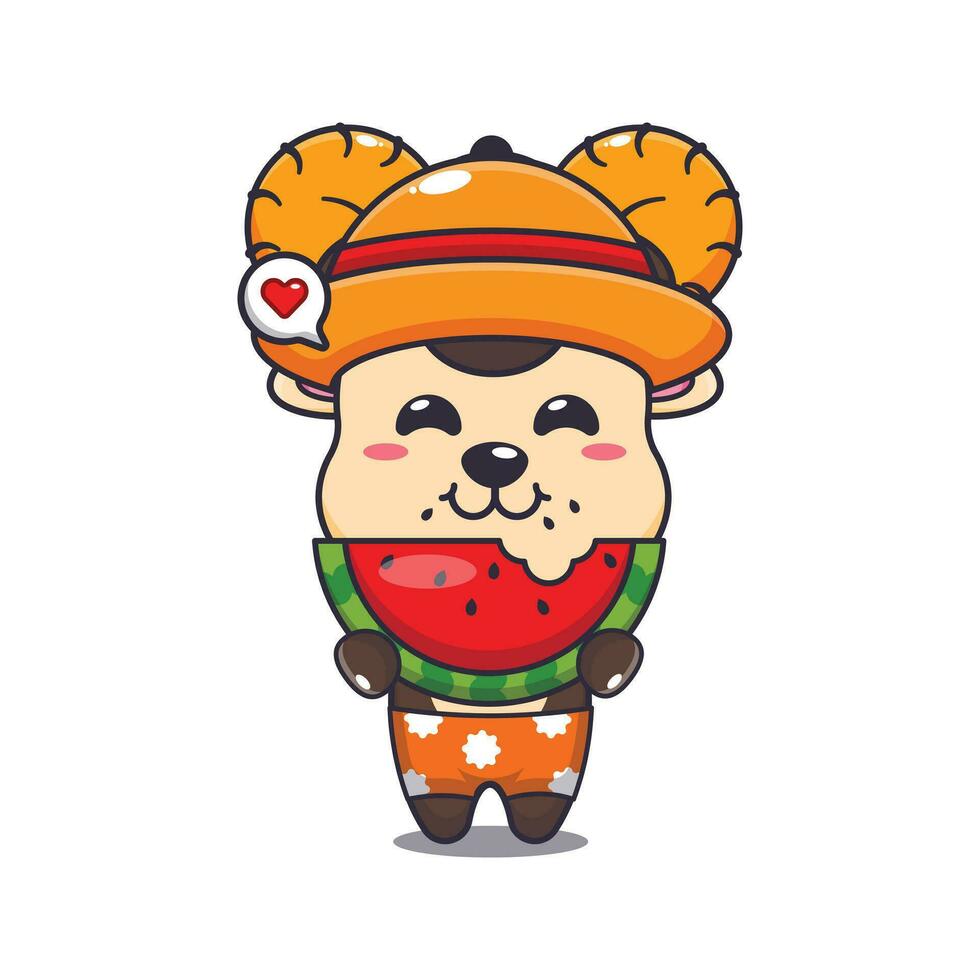 Cute ram sheep eating fresh watermelon cartoon illustration. Cute summer cartoon illustration. vector