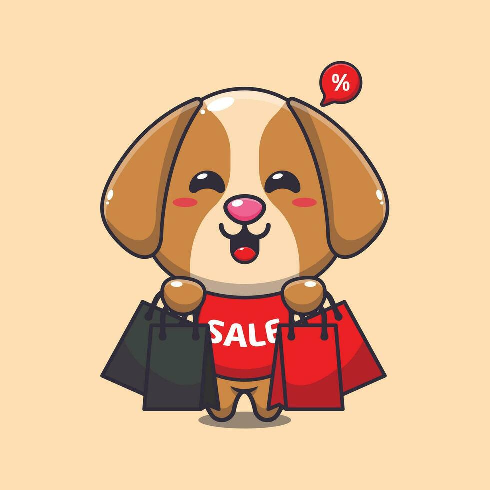 cute dog with shopping bag in black friday sale cartoon vector illustration