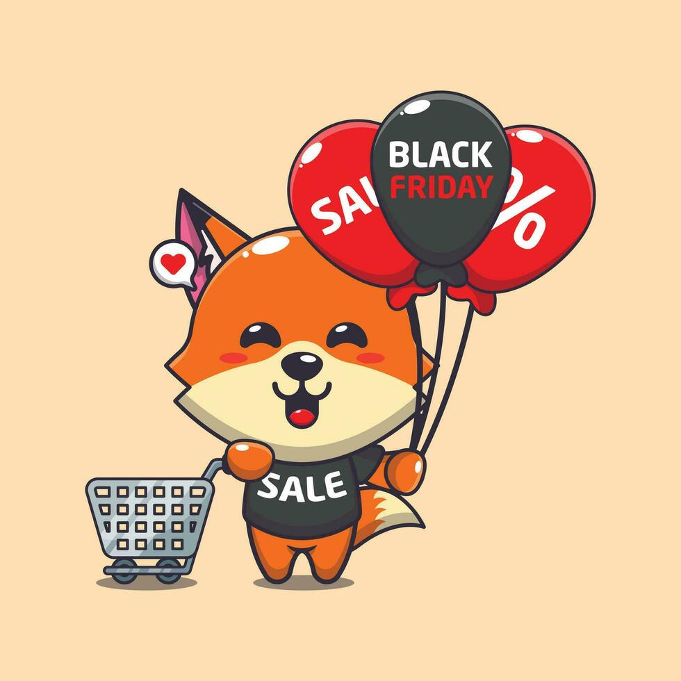 cute fox with shopping cart and balloon at black friday sale cartoon vector illustration