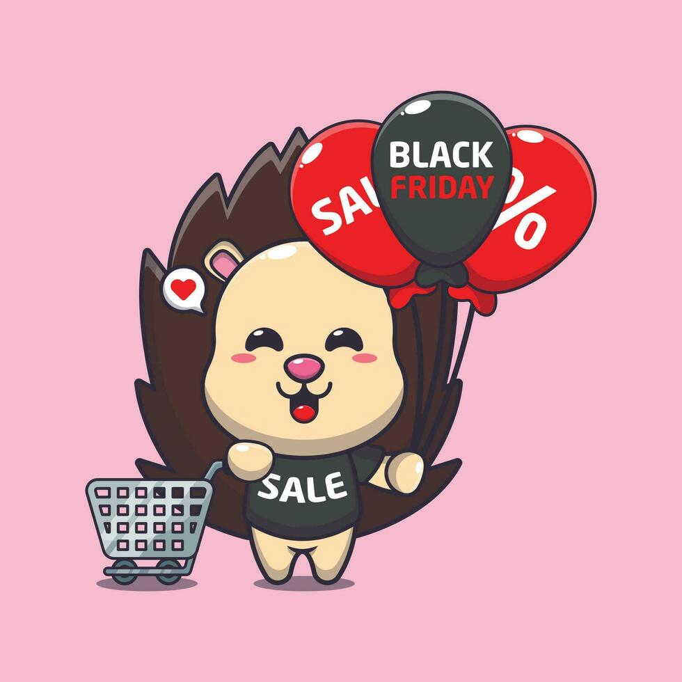cute hedgehog with shopping cart and balloon at black friday sale cartoon vector illustration