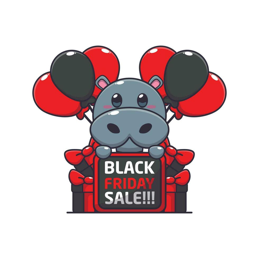 cute hippo happy in black friday sale cartoon vector illustration