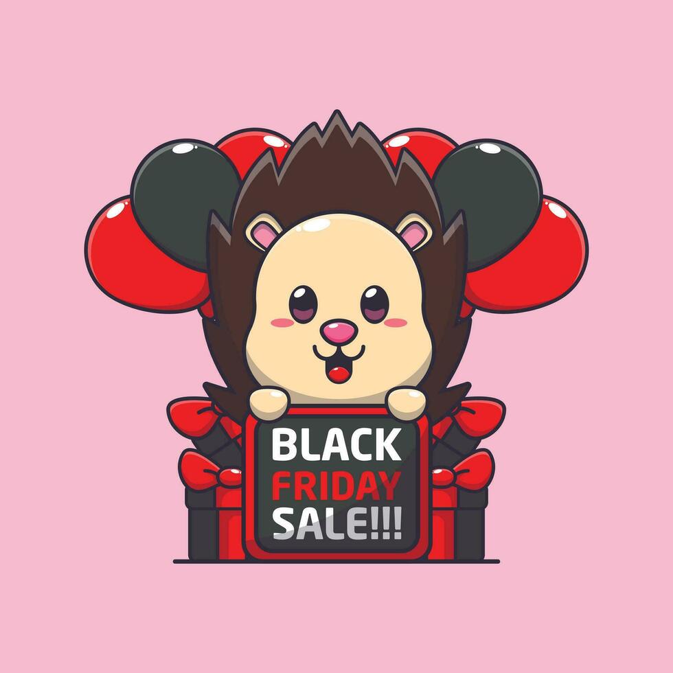 cute hedgehog happy in black friday sale cartoon vector illustration