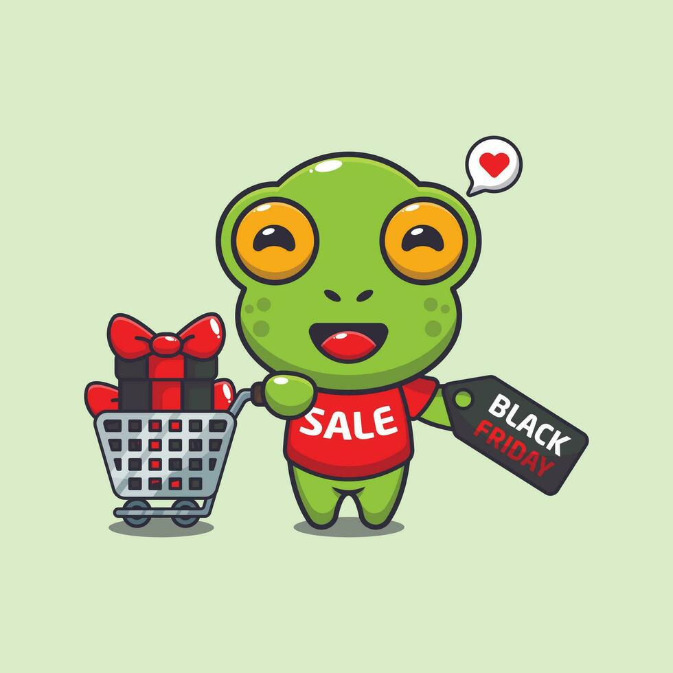 cute frog with shopping cart and discount coupon black friday sale cartoon vector illustration