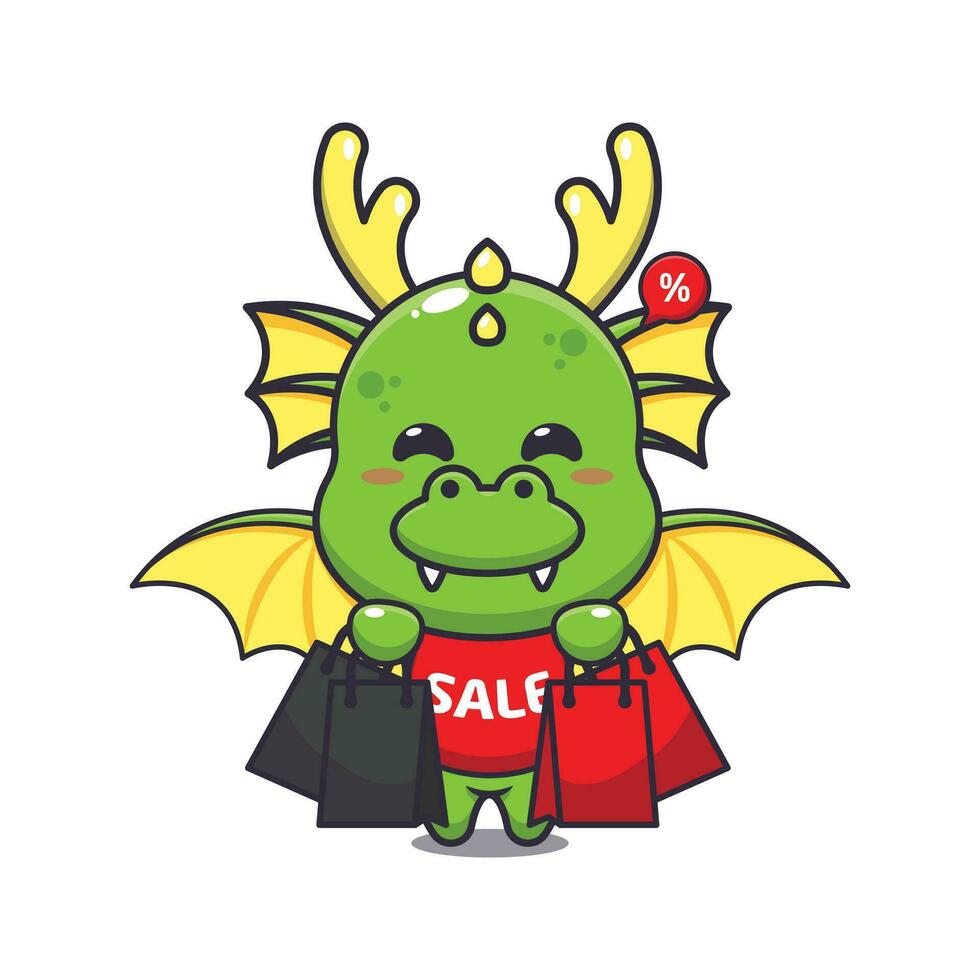 cute dragon with shopping bag in black friday sale cartoon vector illustration