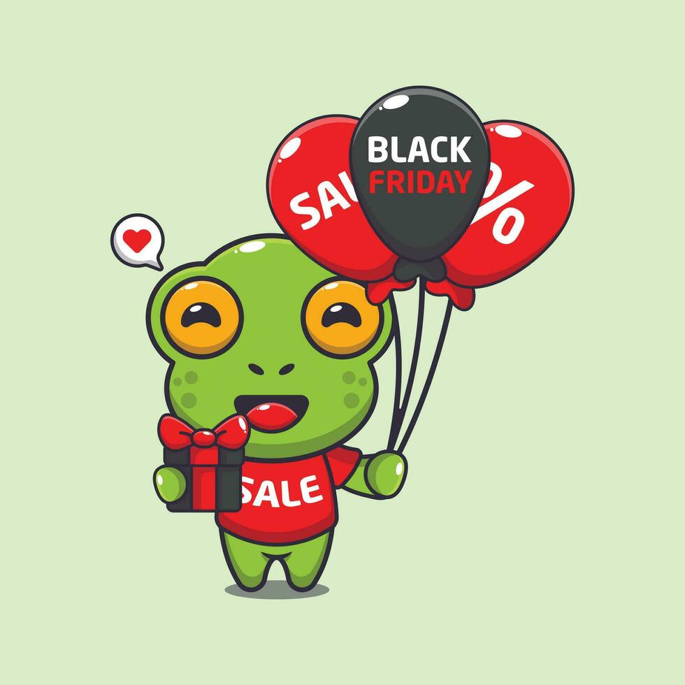 cute frog with gifts and balloons in black friday sale cartoon vector illustration