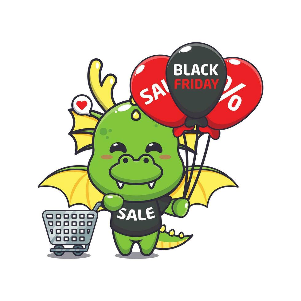cute dragon with shopping cart and balloon at black friday sale cartoon vector illustration