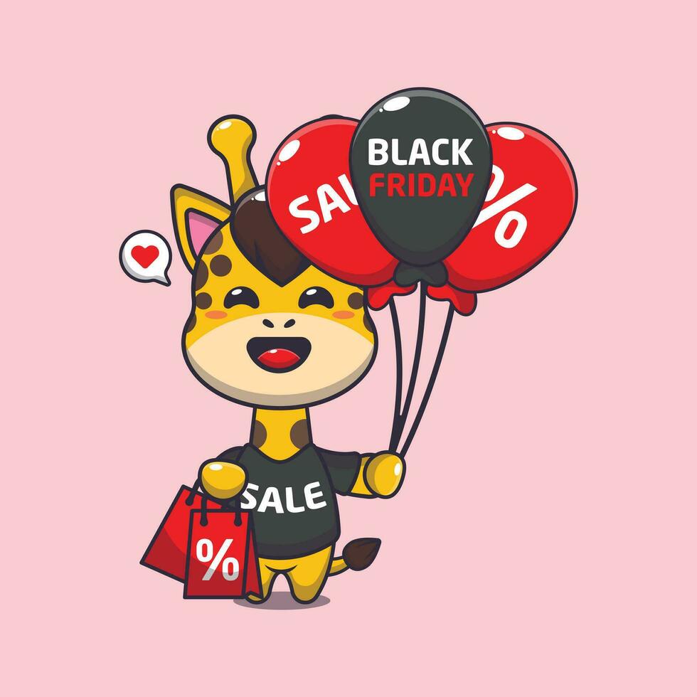 cute giraffe with shopping bag and balloon at black friday sale cartoon vector illustration