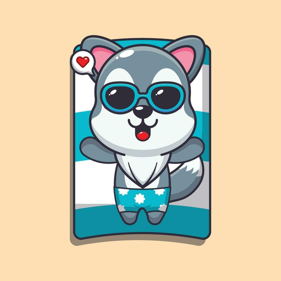 Cute wolf with sunglasses sleep on beach. Cute summer cartoon illustration. vector