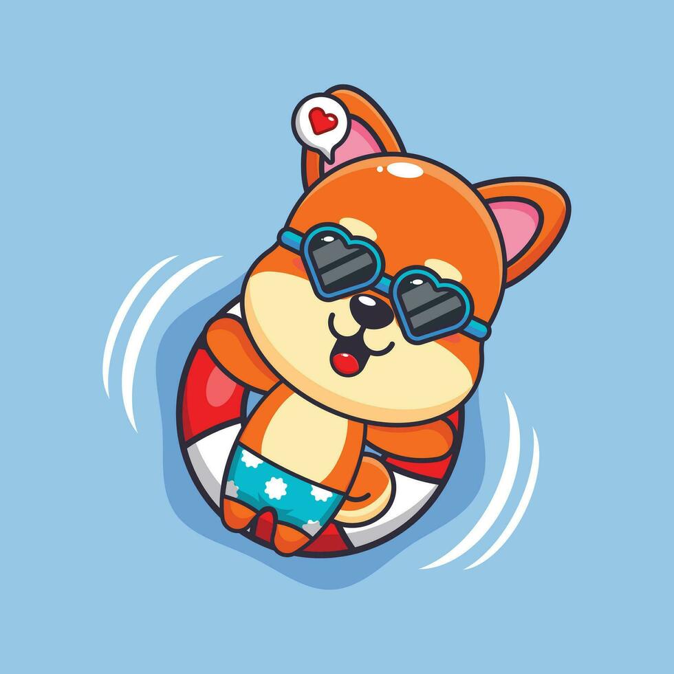 Cute shiba inu in sunglasses float with buoy. Cute summer cartoon illustration. vector