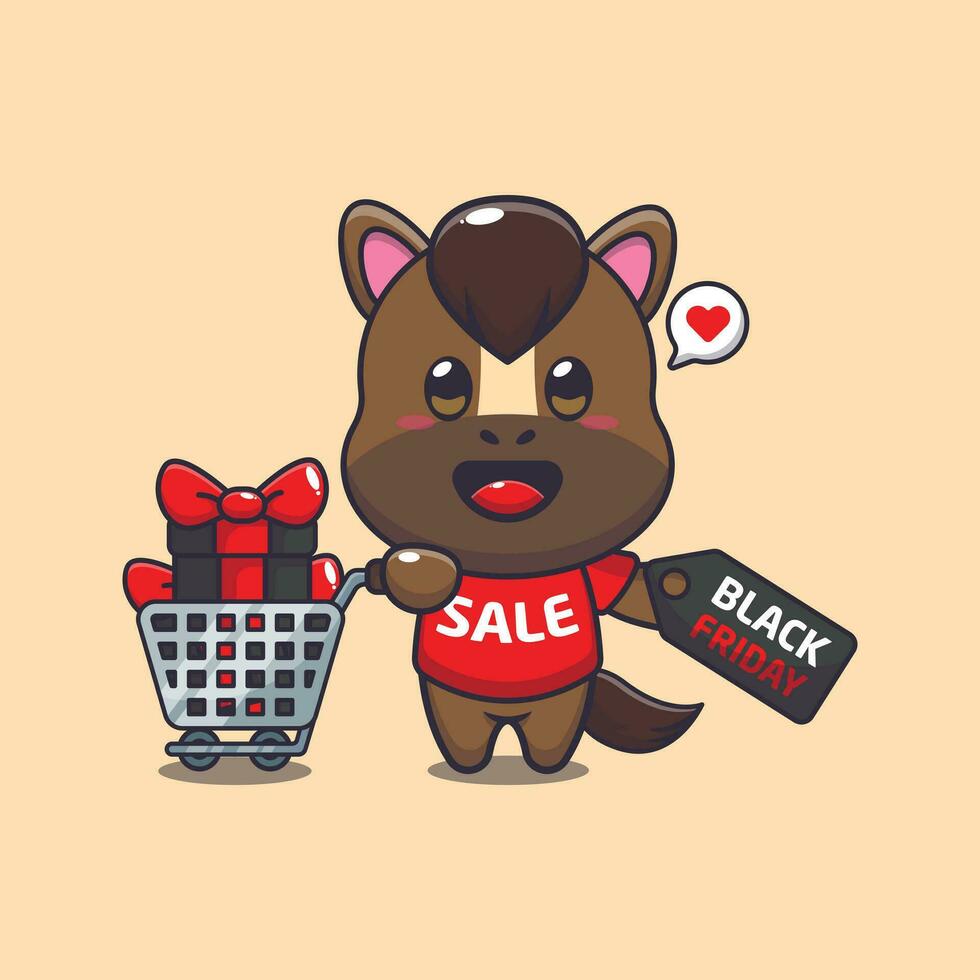 cute horse with shopping cart and discount coupon black friday sale cartoon vector illustration