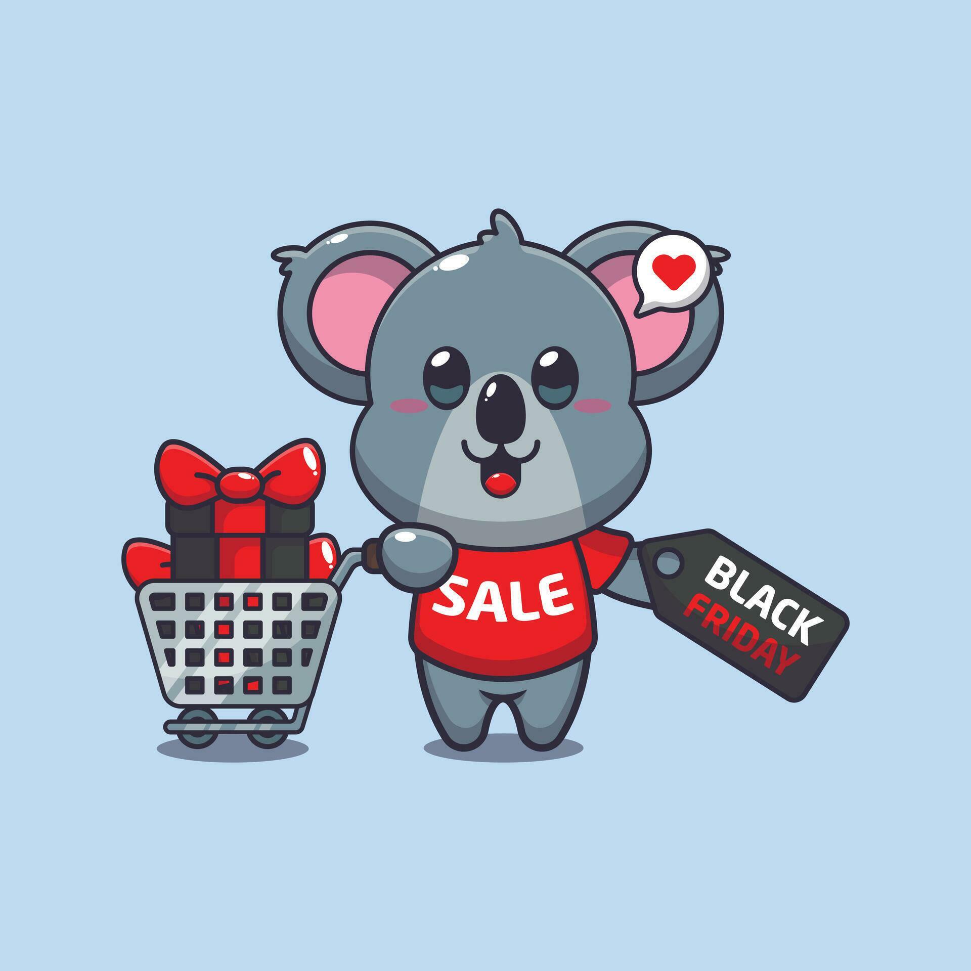 cute koala with shopping cart and discount coupon black friday sale cartoon vector illustration