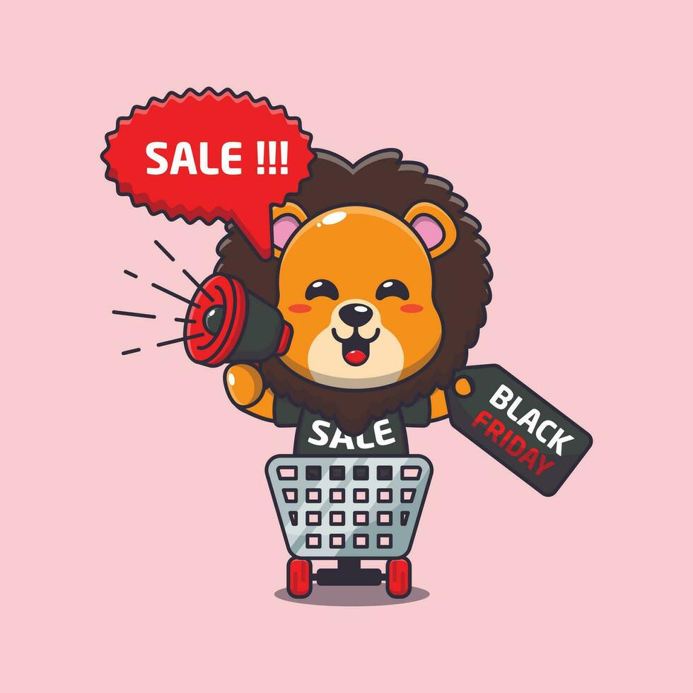 cute lion in shopping cart is promoting black friday sale with megaphone cartoon vector illustration