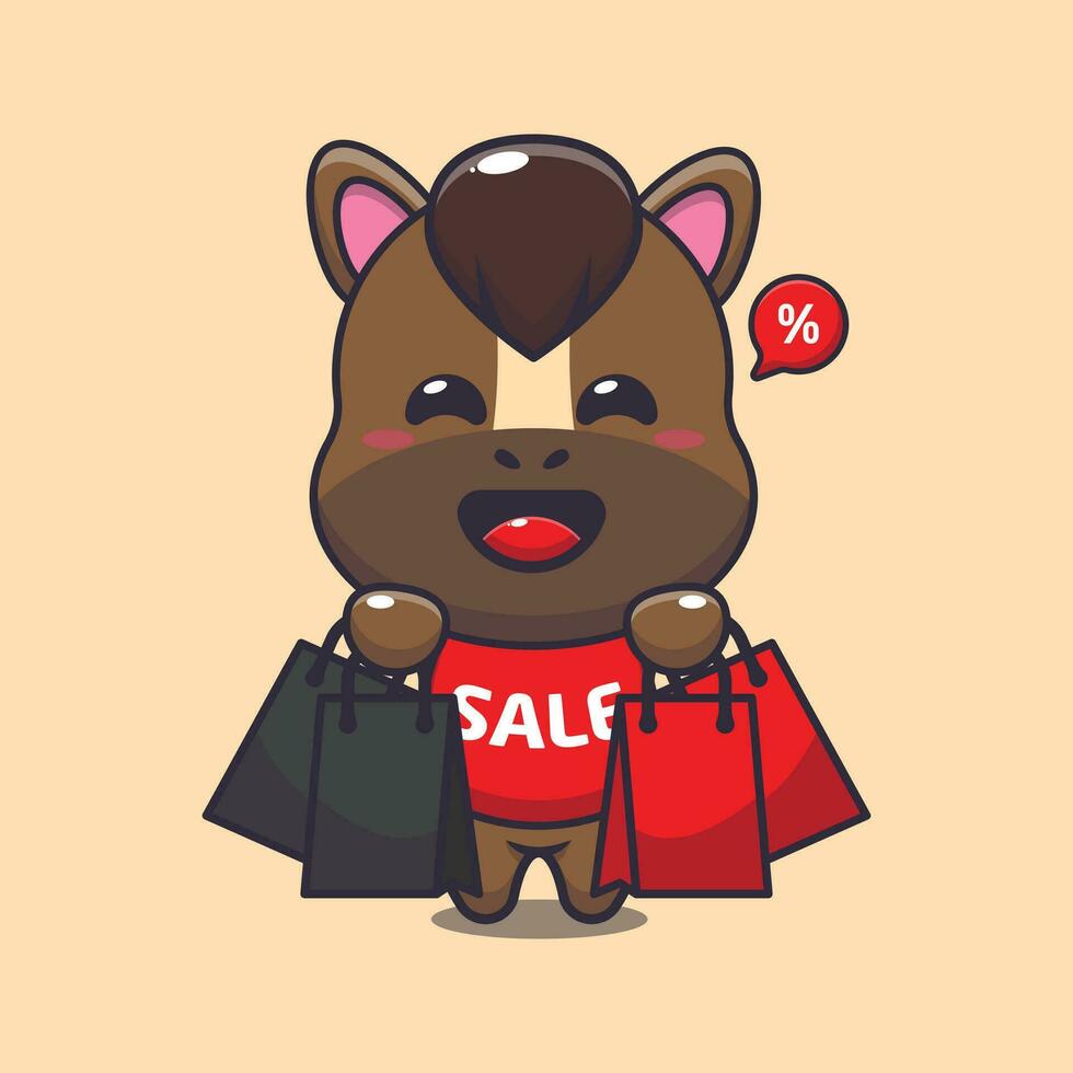 cute horse with shopping bag in black friday sale cartoon vector illustration