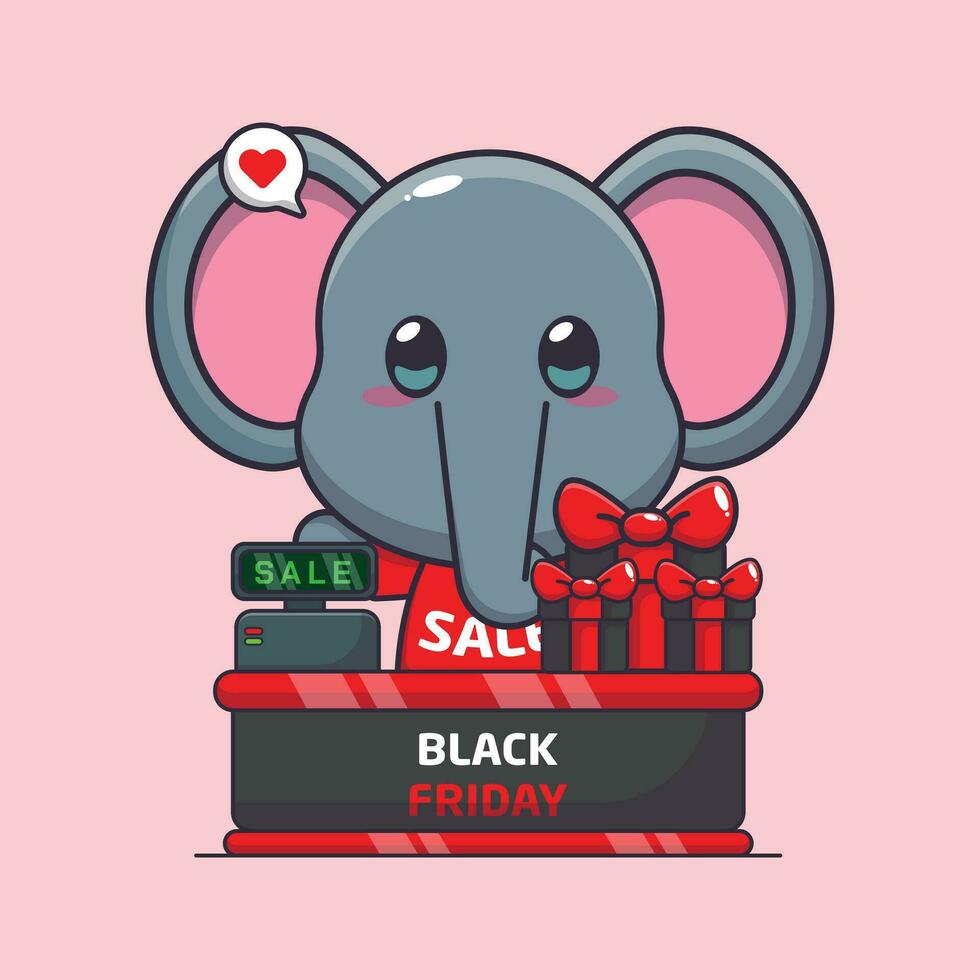 cute elephant with cashier table in black friday sale cartoon vector illustration