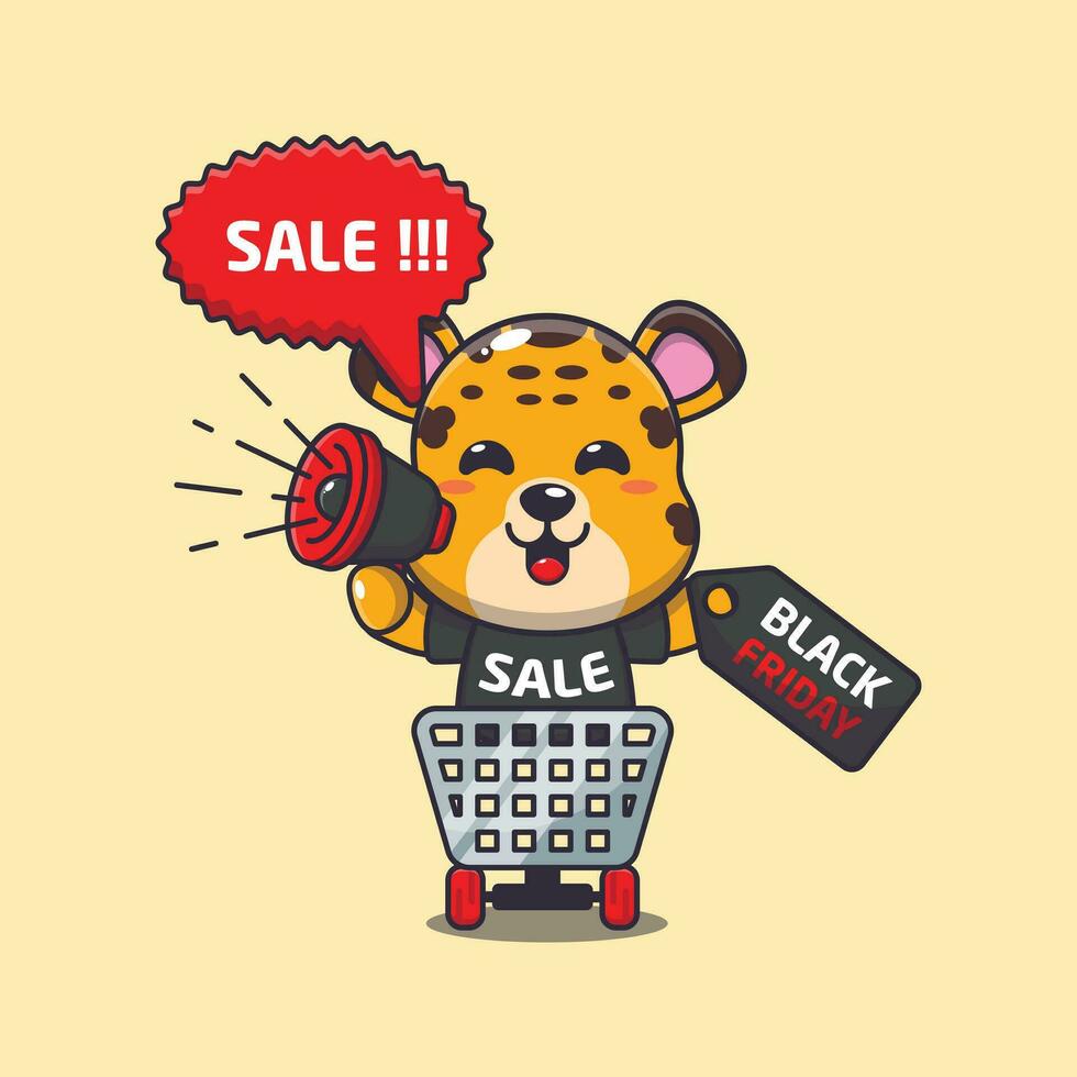 cute leopard in shopping cart is promoting black friday sale with megaphone cartoon vector illustration