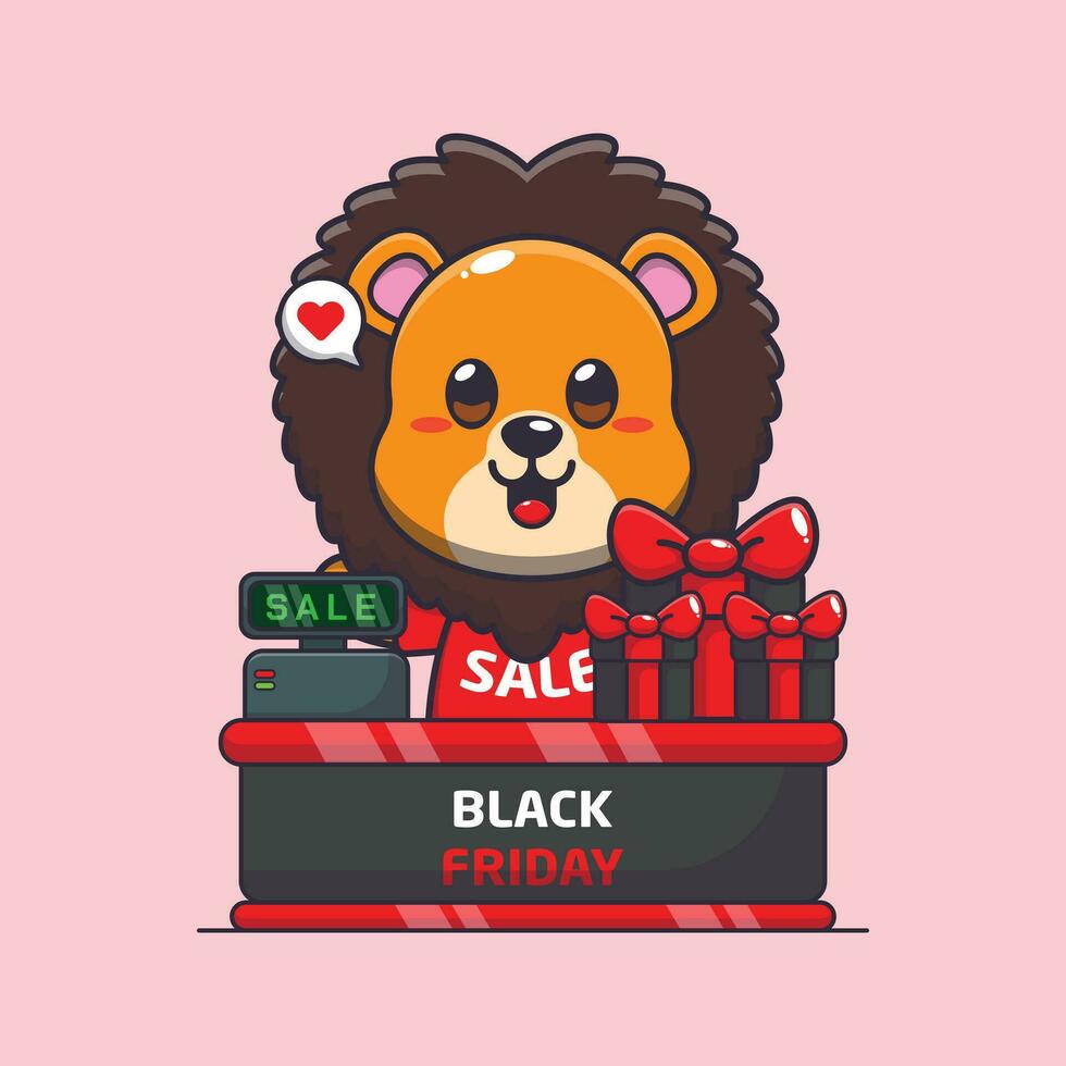 cute lion with cashier table in black friday sale cartoon vector illustration