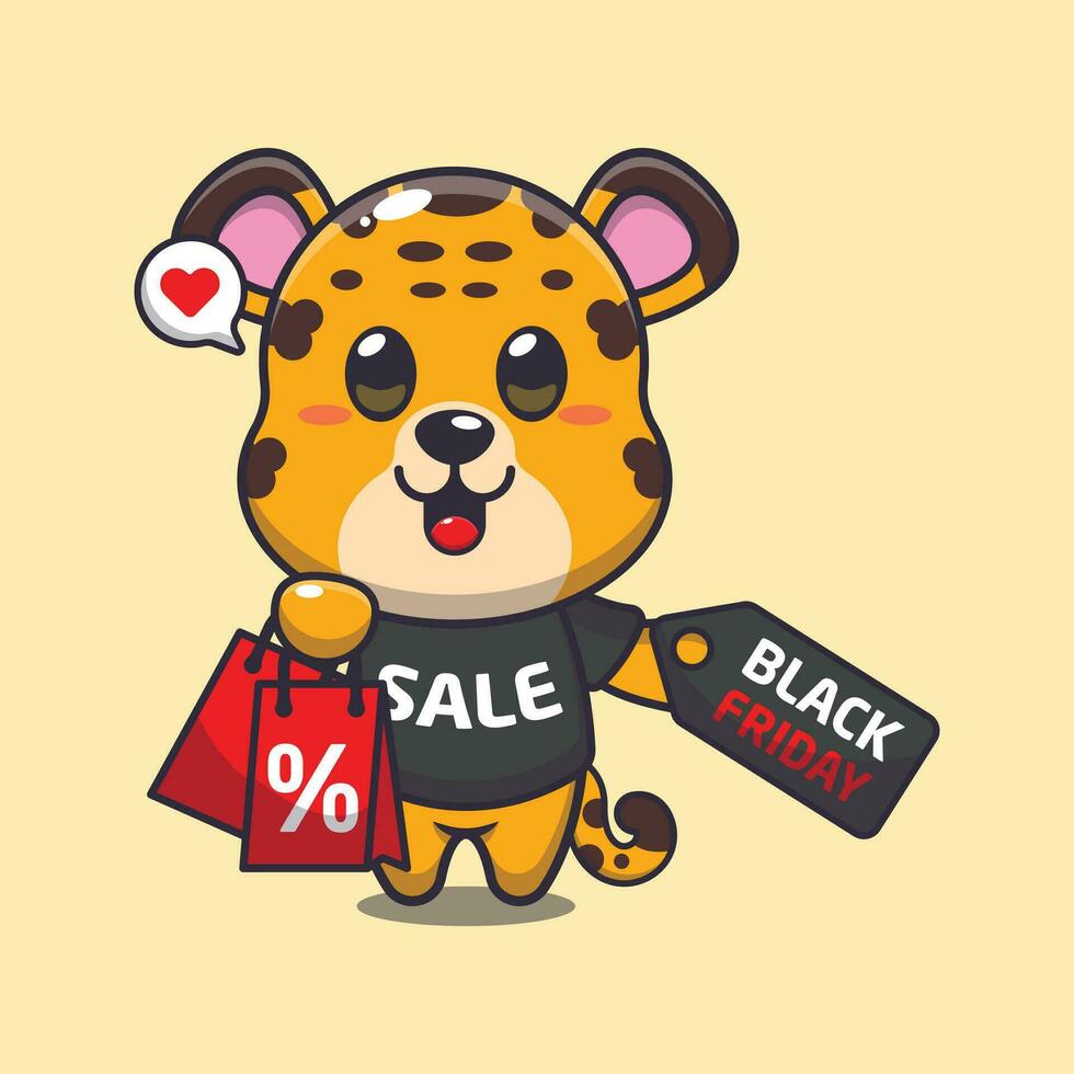 cute leopard with shopping bag and black friday sale discount cartoon vector illustration