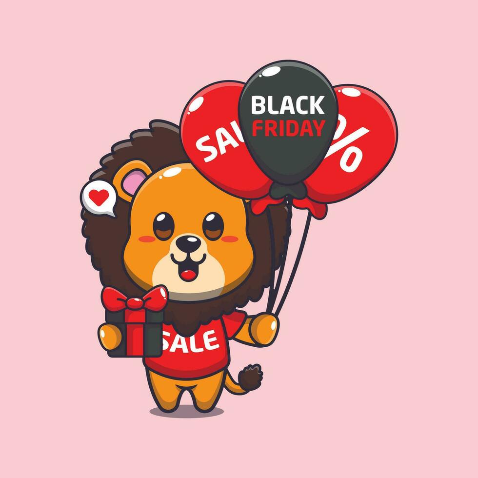 cute lion with gifts and balloons in black friday sale cartoon vector illustration