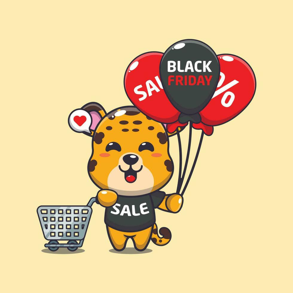 cute leopard with shopping cart and balloon at black friday sale cartoon vector illustration