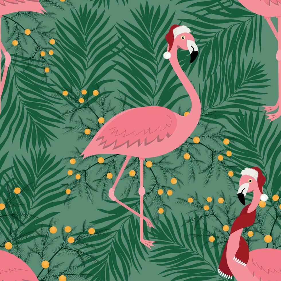Seamless winter pattern with flamingo and pine tree vector