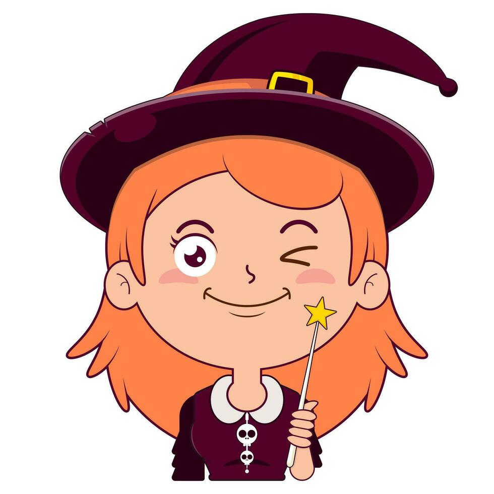 witch holding magic wand smile face cartoon cute vector