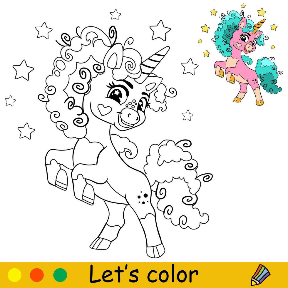 Dancing cartoon cute unicorn kids coloring book page vector