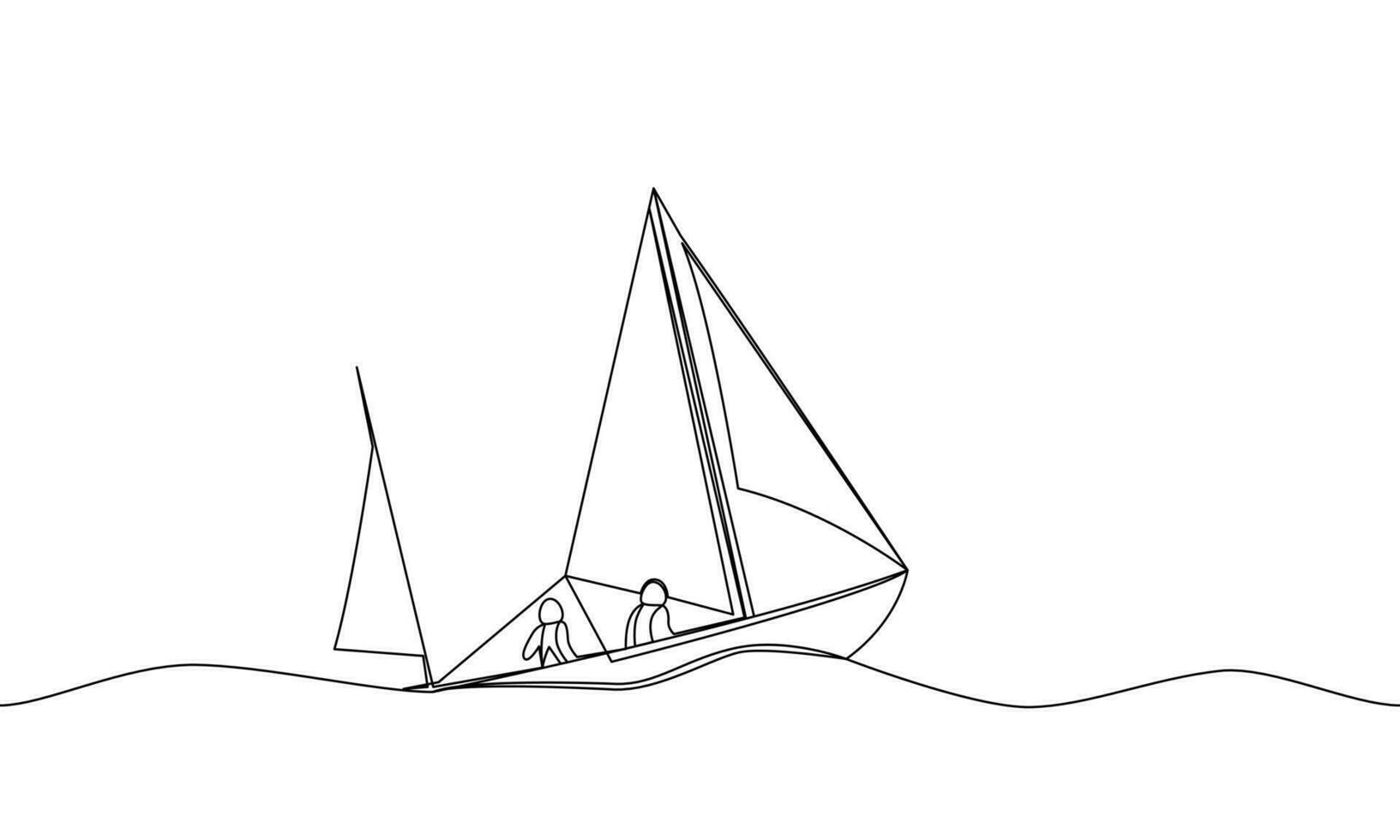 Continuous line drawing of a boat in a sailing regatta. Yacht on the waves. Vector line art illustration, outline