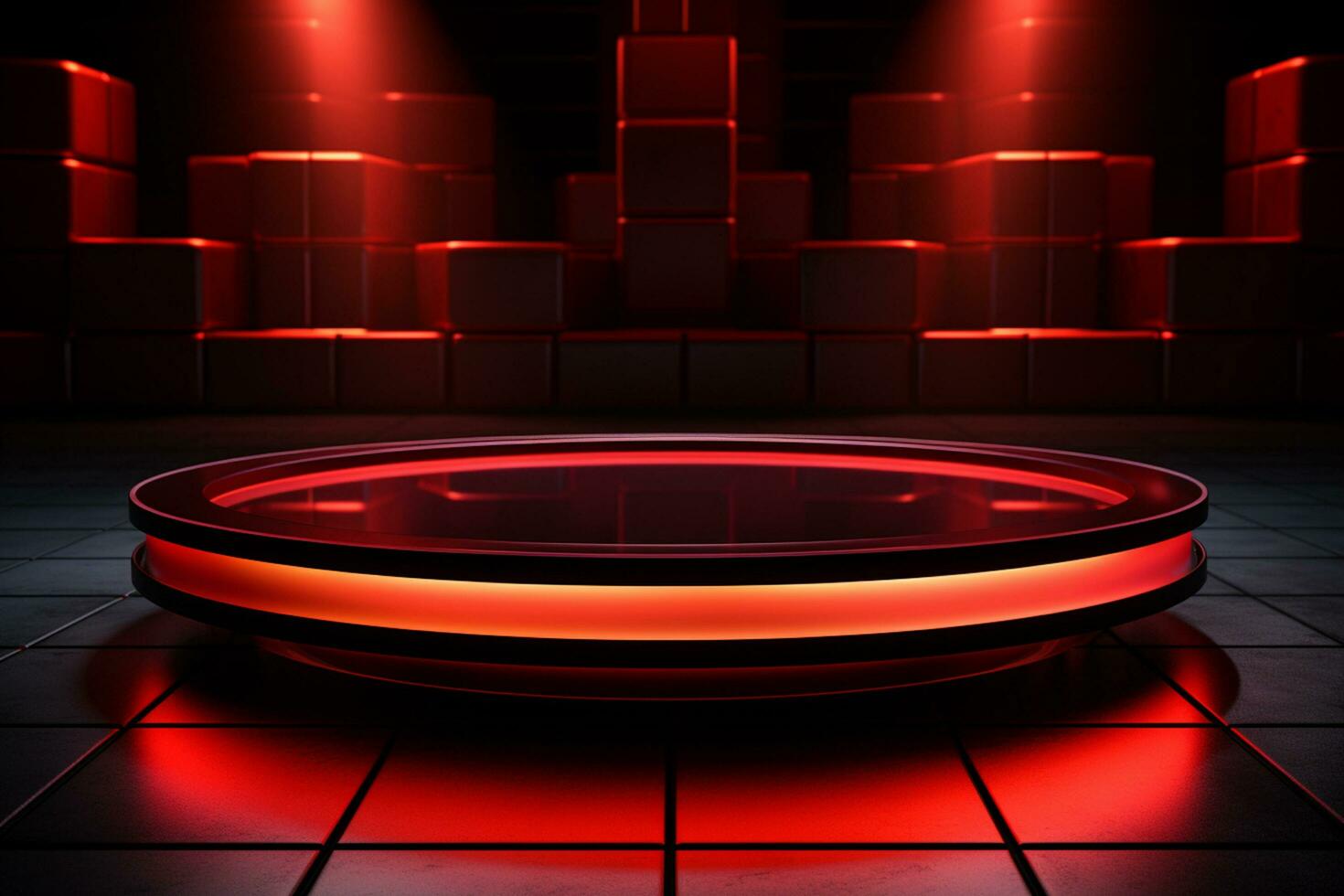 Ai Generated photo red light round podium and black background for mock up realistic image